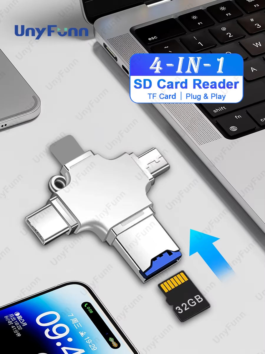 4-In-1 Memory Card Reader for Ios Android Mobile Phone PC TYPEC USB to Micro SD TF Card Reader for Iphone Huawei Samsung Xiaomi